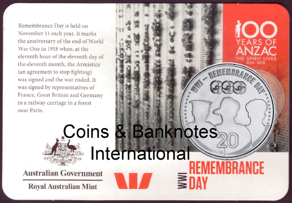 2015 Australia 20 Cents (ANZACS Remembered-Remembrance Day)